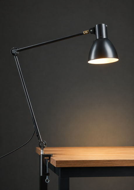 Wavesafe, Strahlenschutz, Niederfrequenzen, geschützte Kaberl/Stecker/Leuchten, Arbeitsleuchte (Werkleuchte) 110 cm schwarz geschirmt CH Stecker mit Tisch-Klemmfuss