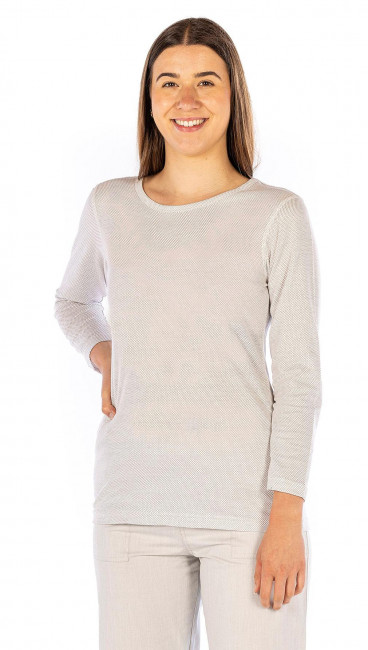 Damen Unterhemd Langarm Baumwolle mit Silbergestrick weiss