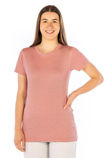 Wavesafe, 5G, Strahlenschutz, Damen T-Shirt Altrosa Bio Baumwolle Silbergestrick 29dB bei 1GHz