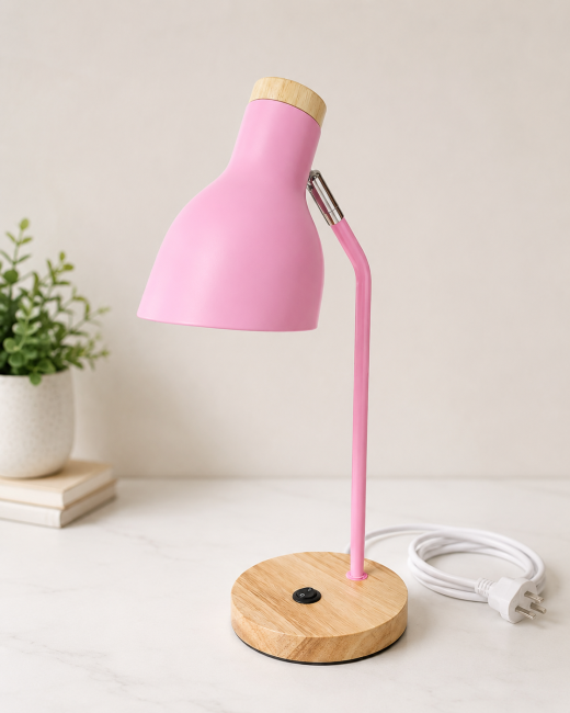 Preview: Lampe de table blindée en métal, 2 couleurs, avec pied en bois et prise CH