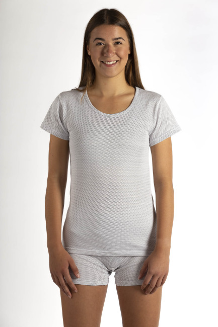 Wavesafe, 5G, Strahlenschutz, Damen Unterhemd Kurzarm Bio Baumwolle mit Silbergestrick weiss