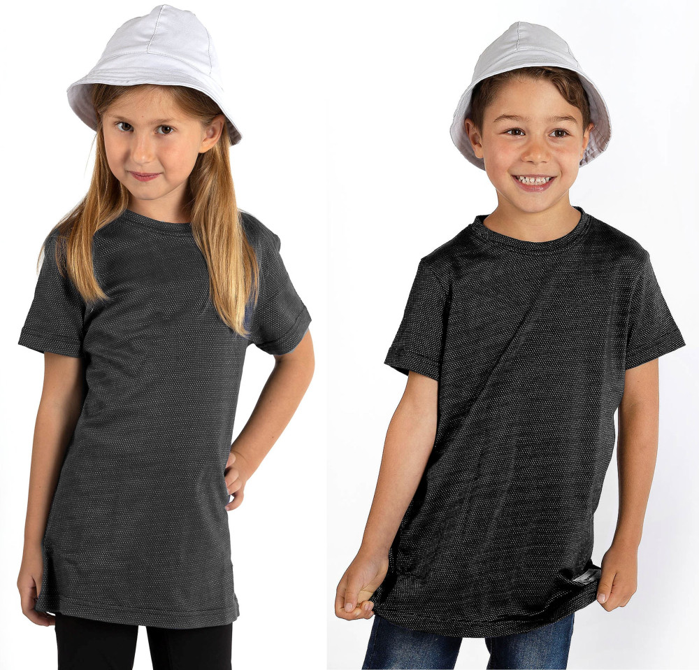 Wavesafe, 5G, protection contre les radiations, T-shirt pour enfants noir coton bio tricot argenté tailles 116,128,140