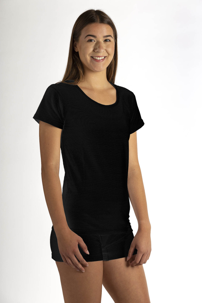 Maglietta da donna a manica corta nero in cotone con maglia argentata 30dB a 1GHz