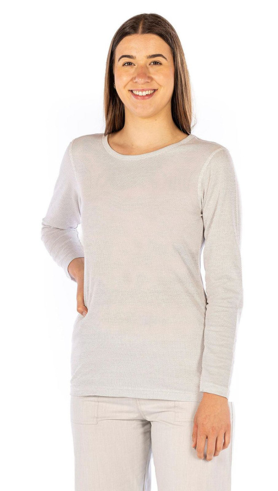Maglietta da donna a manica lunga in cotone con maglia argentata bianca 30dB a 1GHz